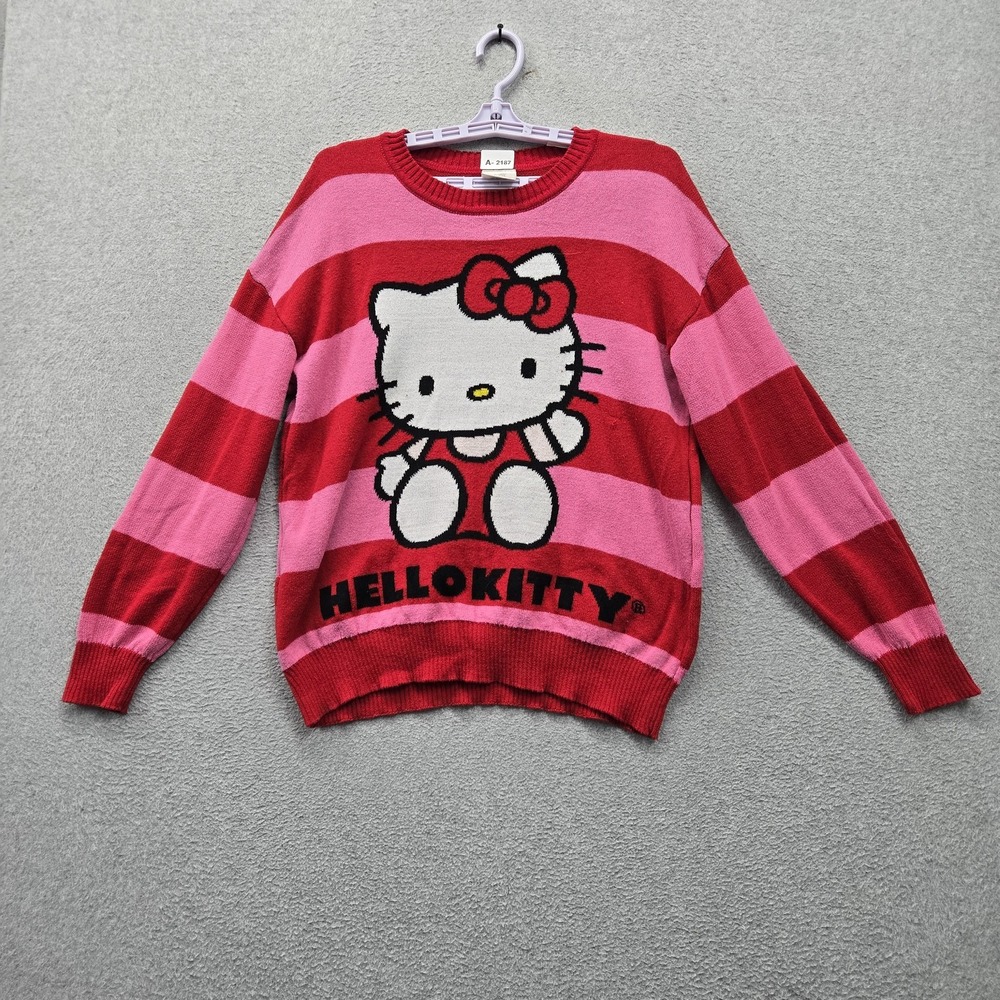 Hello Kitty By Sanrio Women Sweater L Red Embroidered Striped Graphic Print